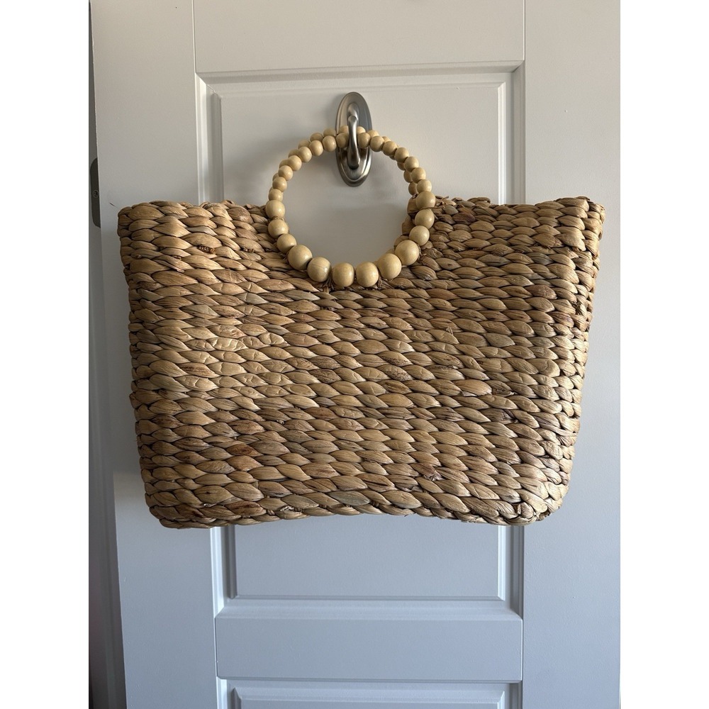 Hand Woven Natural Straw Tote Bag Wooden Bead Handles Beach Purse Boho 18x12x6
